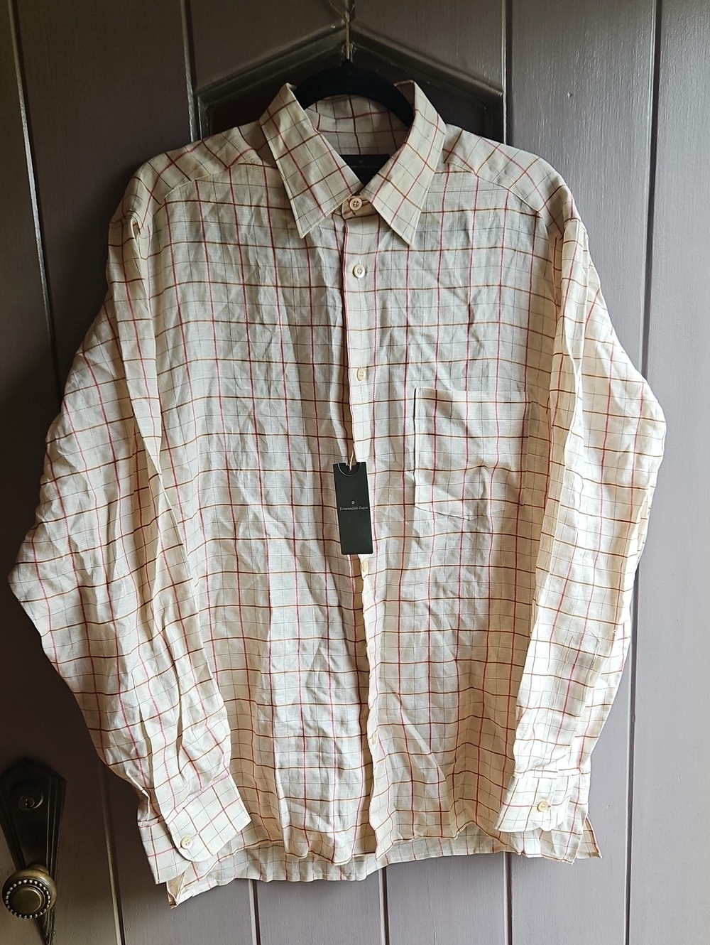 Ermenegildo Zegna Cream Button-Down Shirt with Red and Tan Windowpane Check